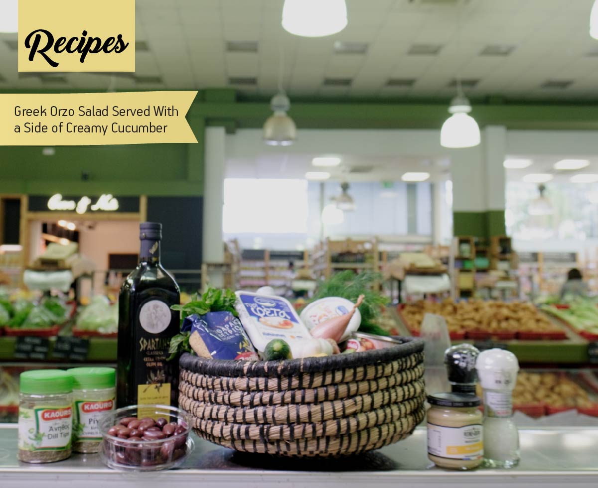 Greek Orzo Salad served with a side of Creamy Cucumber